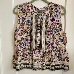 Anthropologie Blue Tassel Floral Sleeveless Crochet Boho Peplum Tank Top Multi M